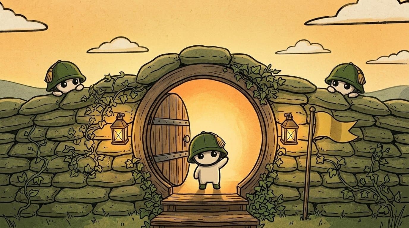 A helmet student in the round door of the trench school, waving you in