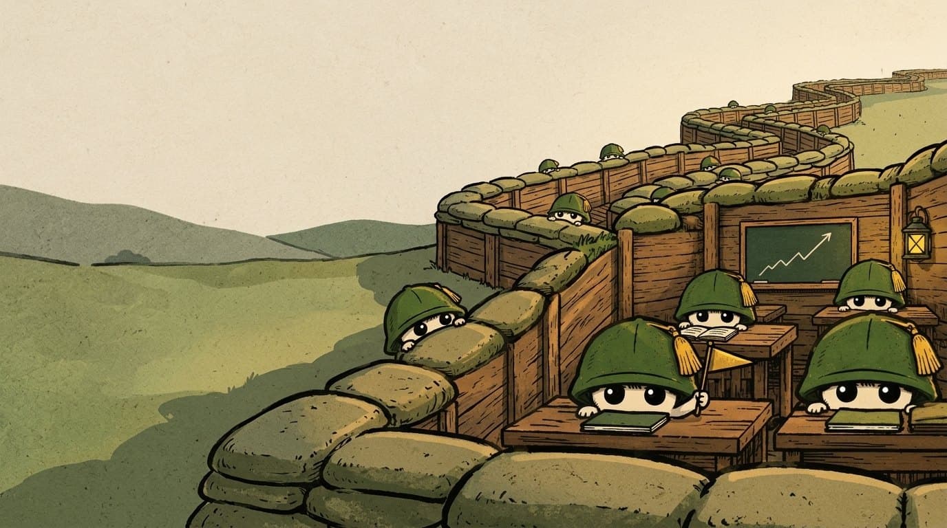 Helmet students peeking out of a winding trench classroom, a chart going up on the chalkboard