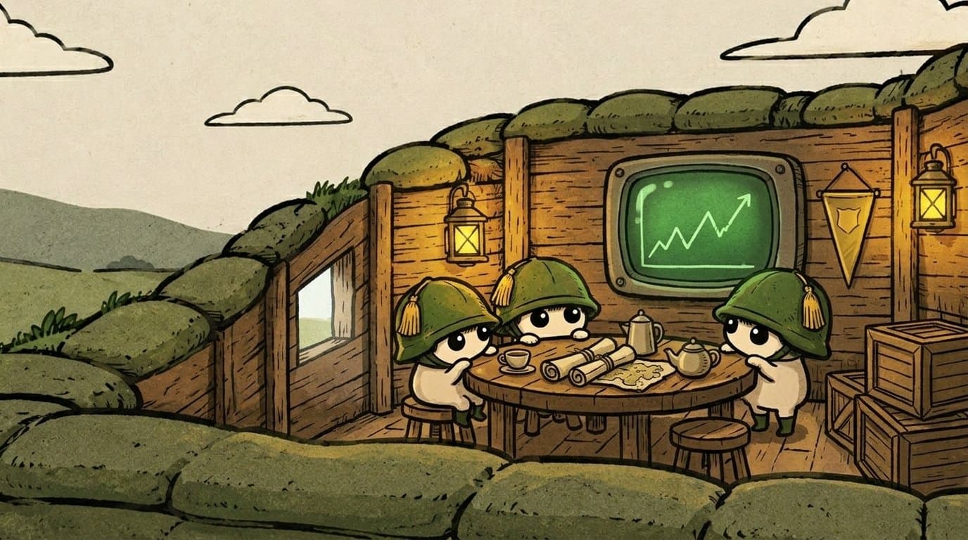 Three helmet students at a table in a lantern-lit dugout, a green chart glowing on the wall